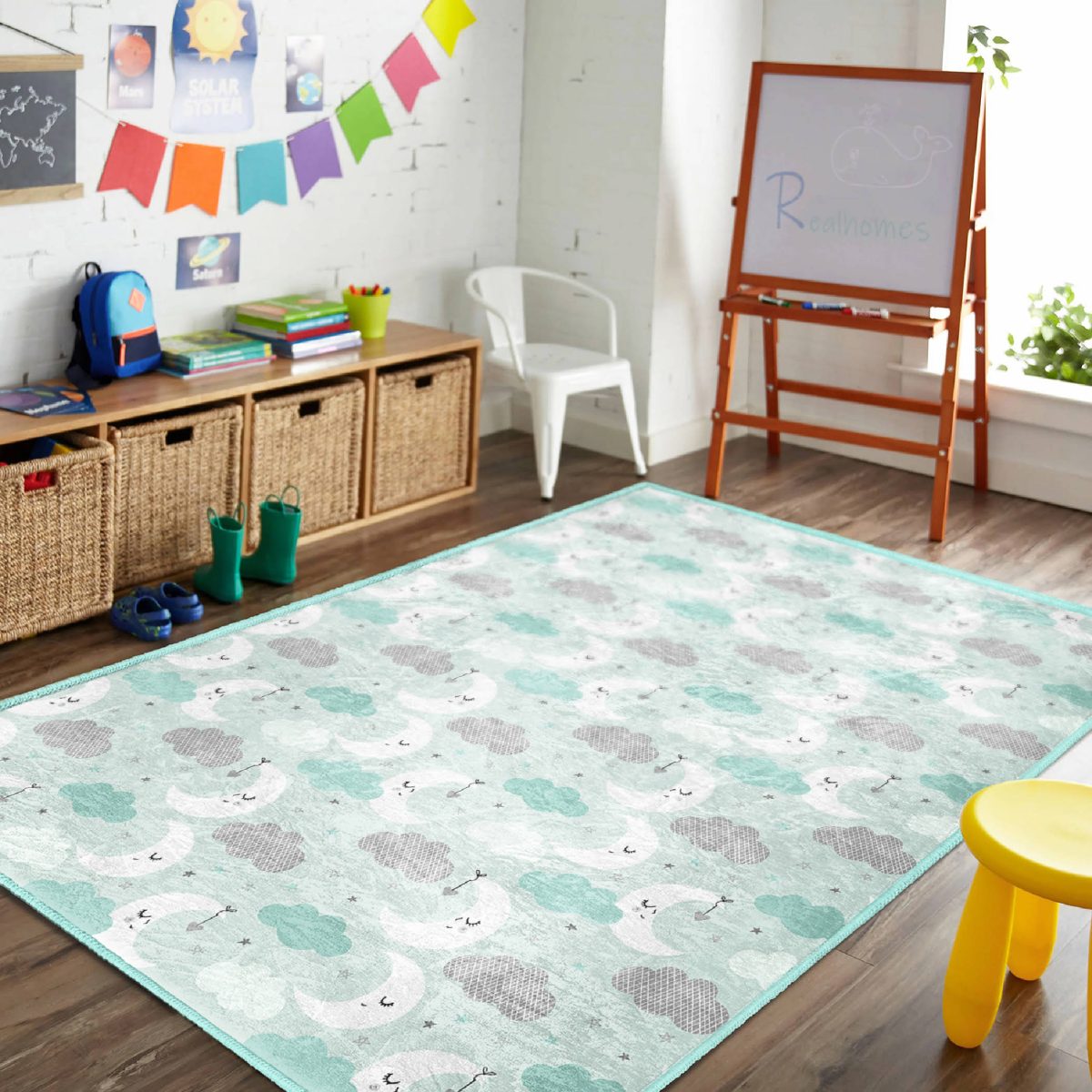 Renkli Ay Bulut Motifli Çocuk & Genç Odası Makinede Yıkanabilir Kaymaz Tabanlı Dikdörtgen Özel Ölçülü Dekoratif Çocuk Halısı Realhomes