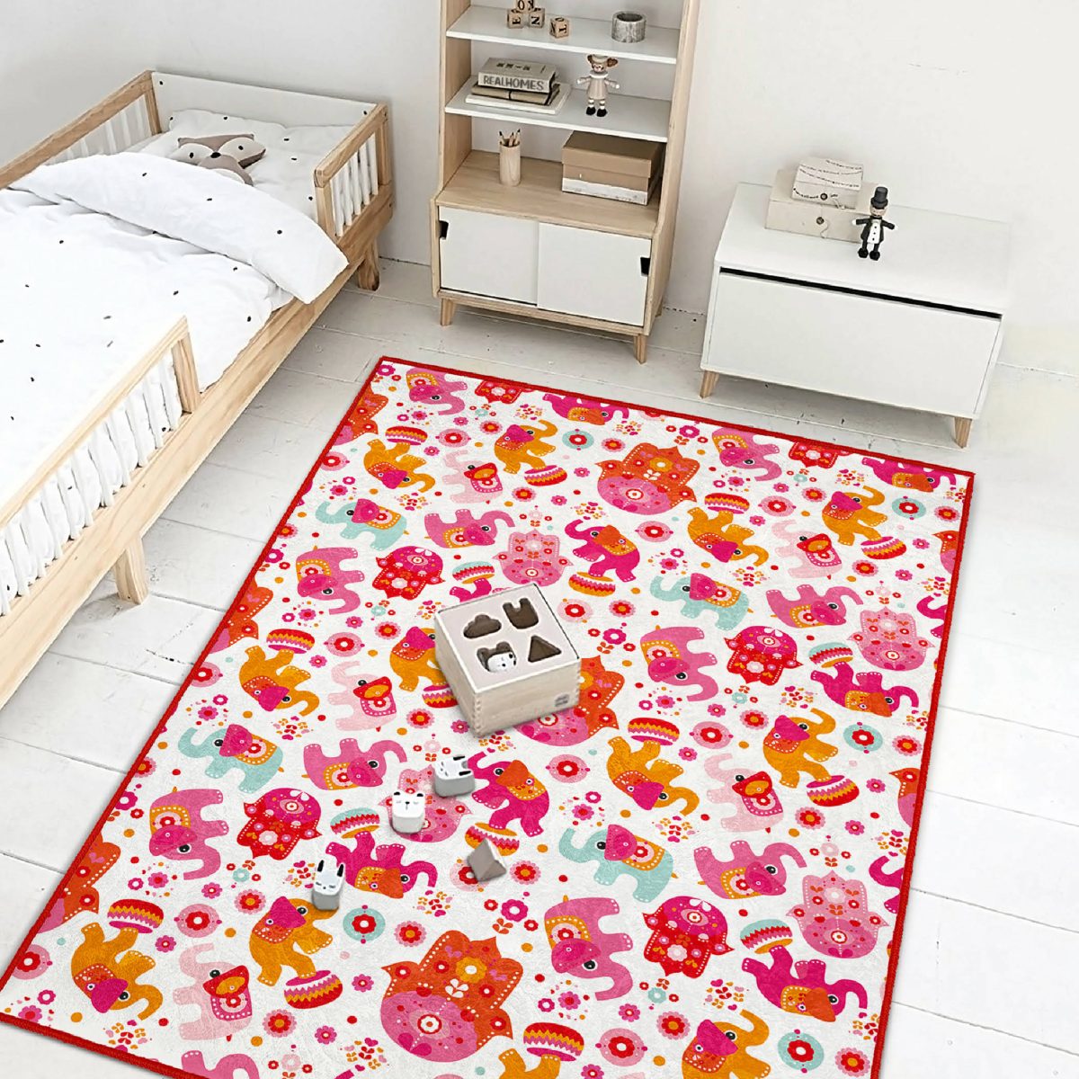 Pembe Fil Motifli Çocuk & Genç Odası Makinede Yıkanabilir Kaymaz Tabanlı Dekoratif Pamuk Tabanlı Dikdörtgen & Kare Çocuk Halısı Realhomes