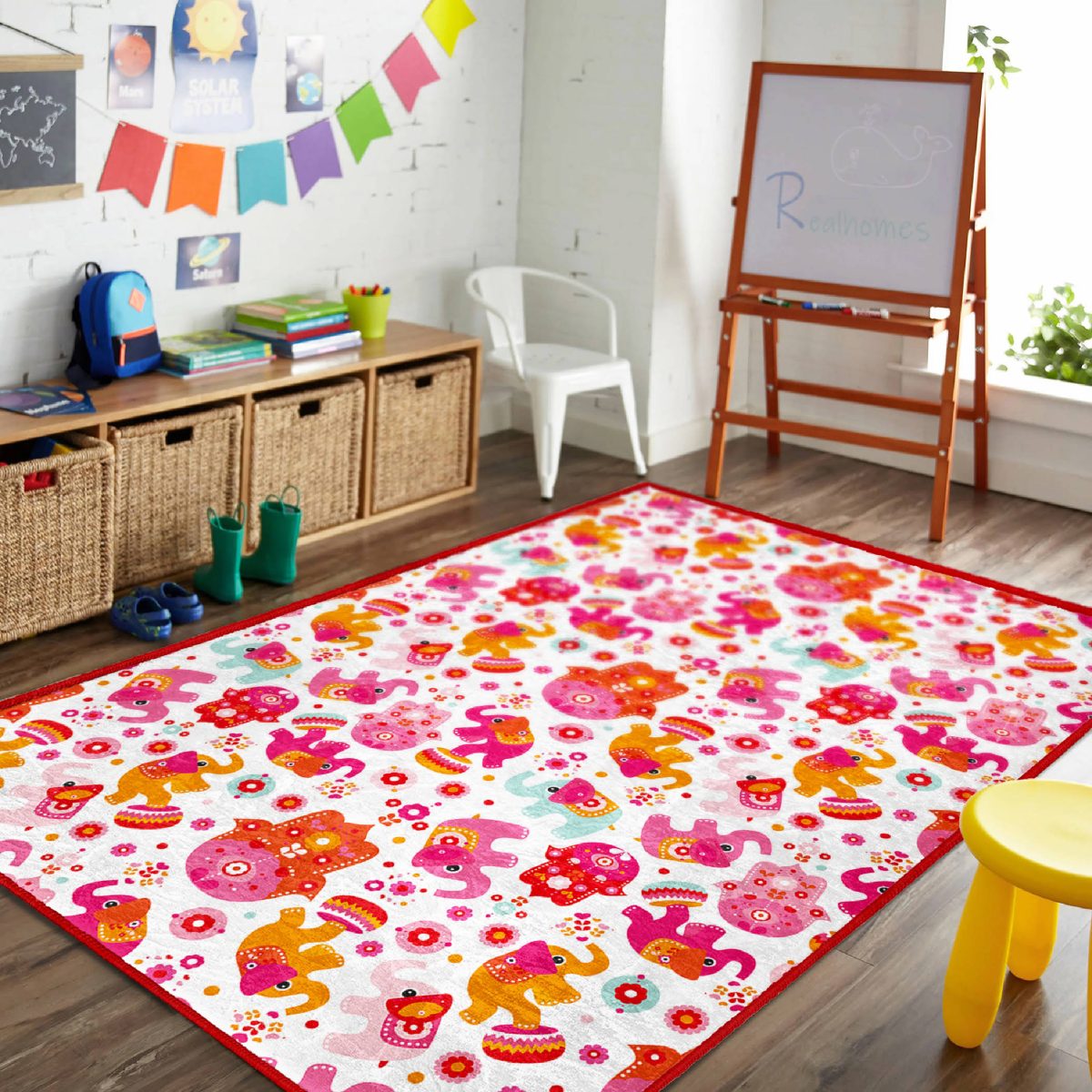 Pembe Fil Motifli Çocuk & Genç Odası Makinede Yıkanabilir Kaymaz Tabanlı Dekoratif Pamuk Tabanlı Dikdörtgen & Kare Çocuk Halısı Realhomes