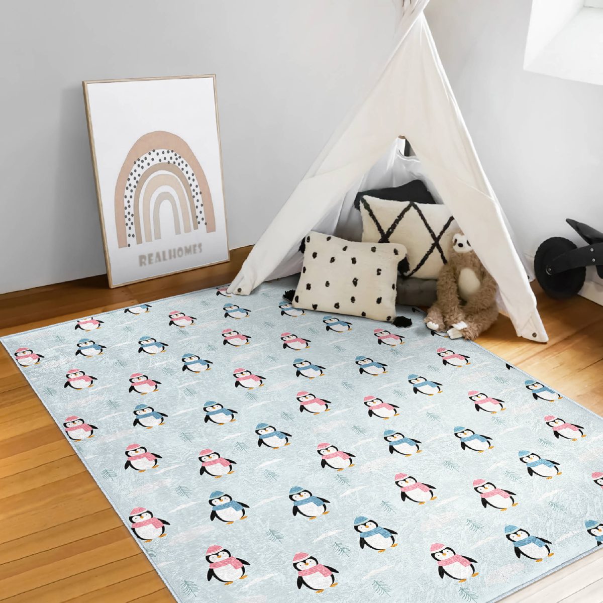Atkılı Penguen Desenli Çocuk & Genç Odası Makinede Yıkanabilir Kaymaz Tabanlı Özel Ölçü Dikdörtgen Pamuk Tabanlı Çocuk Halısı Realhomes