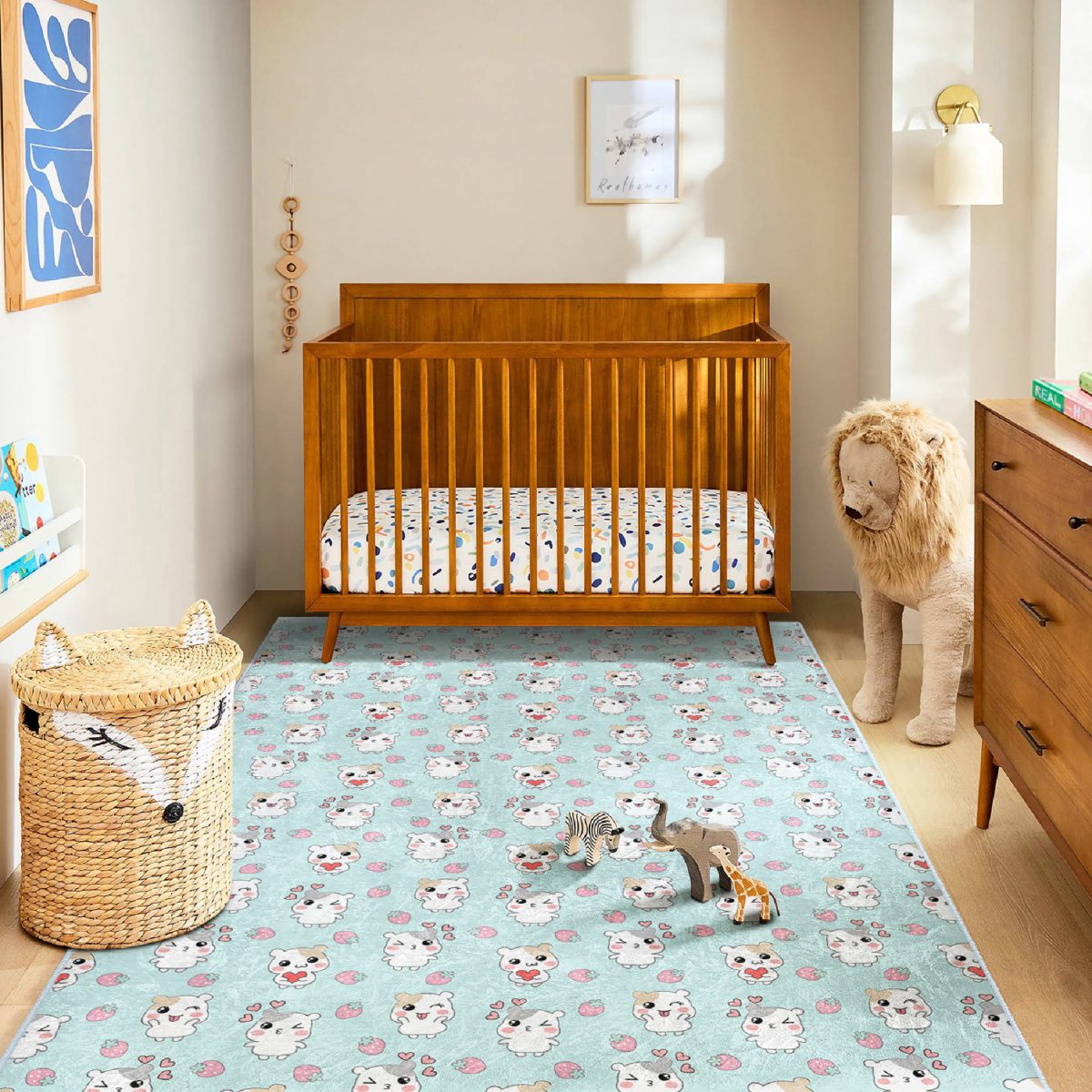 Sevimli Hamster Motifli Çocuk & Genç Odası Makinede Yıkanabilir Kaymaz Tabanlı Pamuk Tabanlı Dikdörtgen Özel Ölçü Çocuk Halısı Realhomes