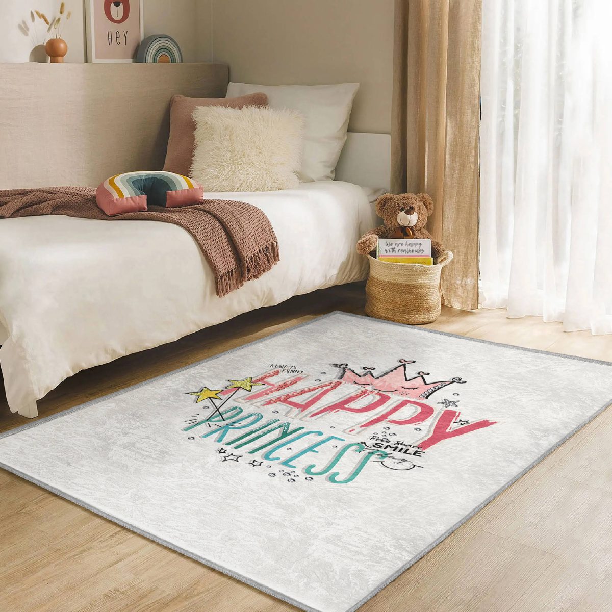 Happy Princess Yazı Desenli Çocuk & Genç Odası Makinede Yıkanabilir Kaymaz Tabanlı Özel Ölçü Dikdörtgen Pamuk Tabanlı Çocuk Halısı Realhomes
