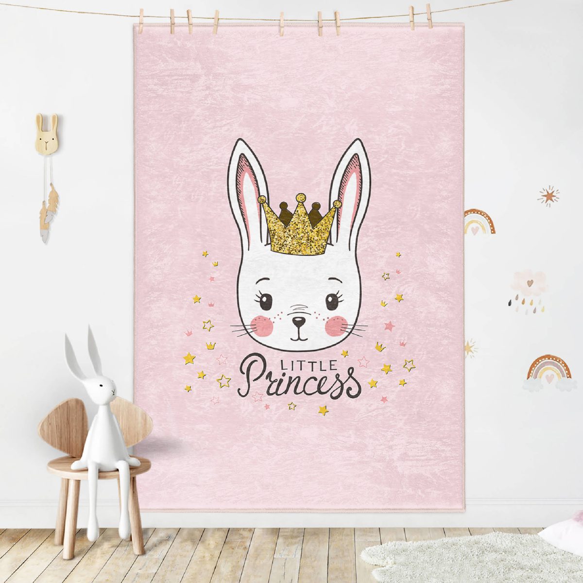Pembe Zeminli Little Princess Desenli Çocuk & Genç Odası Makinede Yıkanabilir Kaymaz Tabanlı Pamuk Tabanlı Özel Ölçü Leke Tutmaz Dikdörtgen Çocuk Halısı Realhomes