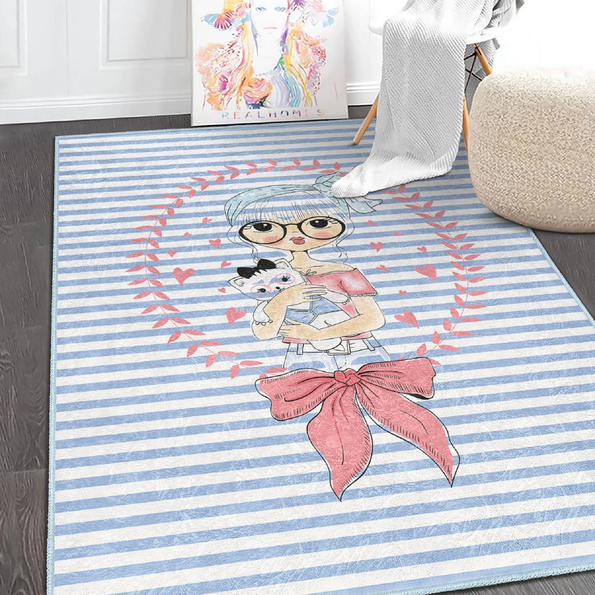 Mavi Çizgili Fashion Girl Çocuk & Genç Odası Makinede Yıkanabilir Kaymaz Tabanlı Dikdörtgen Dekoratif Özel Ölçü Çocuk Odası Halısı Realhomes