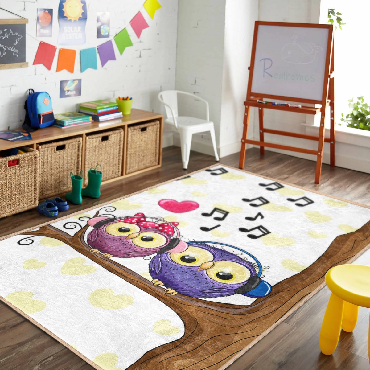 Baykuş Desenli Çocuk & Genç Odası Makinede Yıkanabilir Kaymaz Tabanlı Dekoratif Pamuk Tabanlı Dikdörtgen & Kare Çocuk Halısı Realhomes