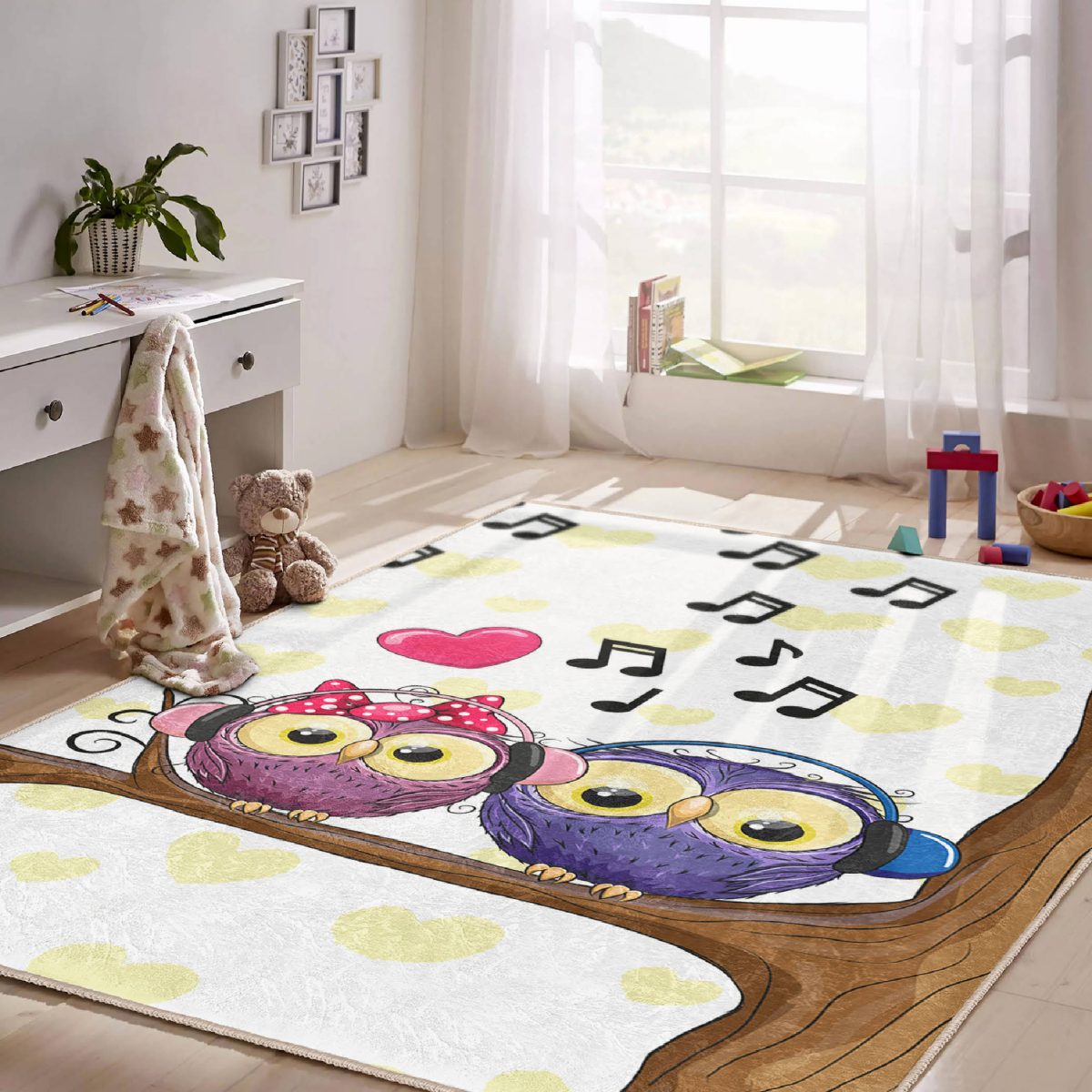 Baykuş Desenli Çocuk & Genç Odası Makinede Yıkanabilir Kaymaz Tabanlı Dekoratif Pamuk Tabanlı Dikdörtgen & Kare Çocuk Halısı Realhomes