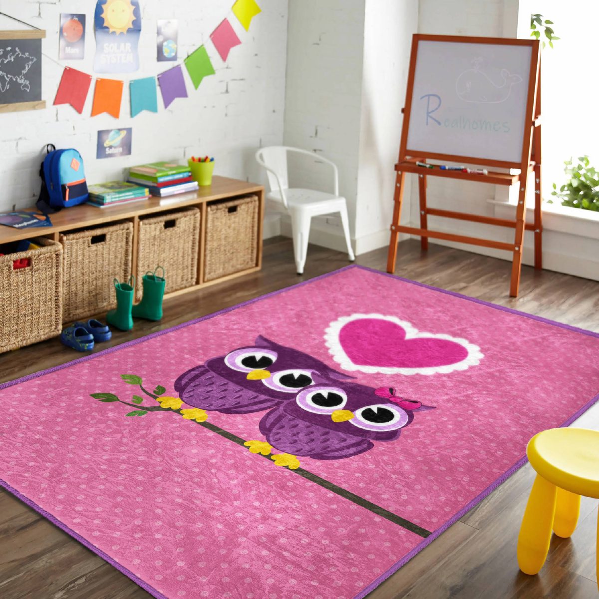 Baykuş Desenli Çocuk & Genç Odası Makinede Yıkanabilir Leke Tutmaz Kaymaz Tabanlı Dikdörtgen Dekoratif Özel Ölçü Çocuk Halısı Realhomes