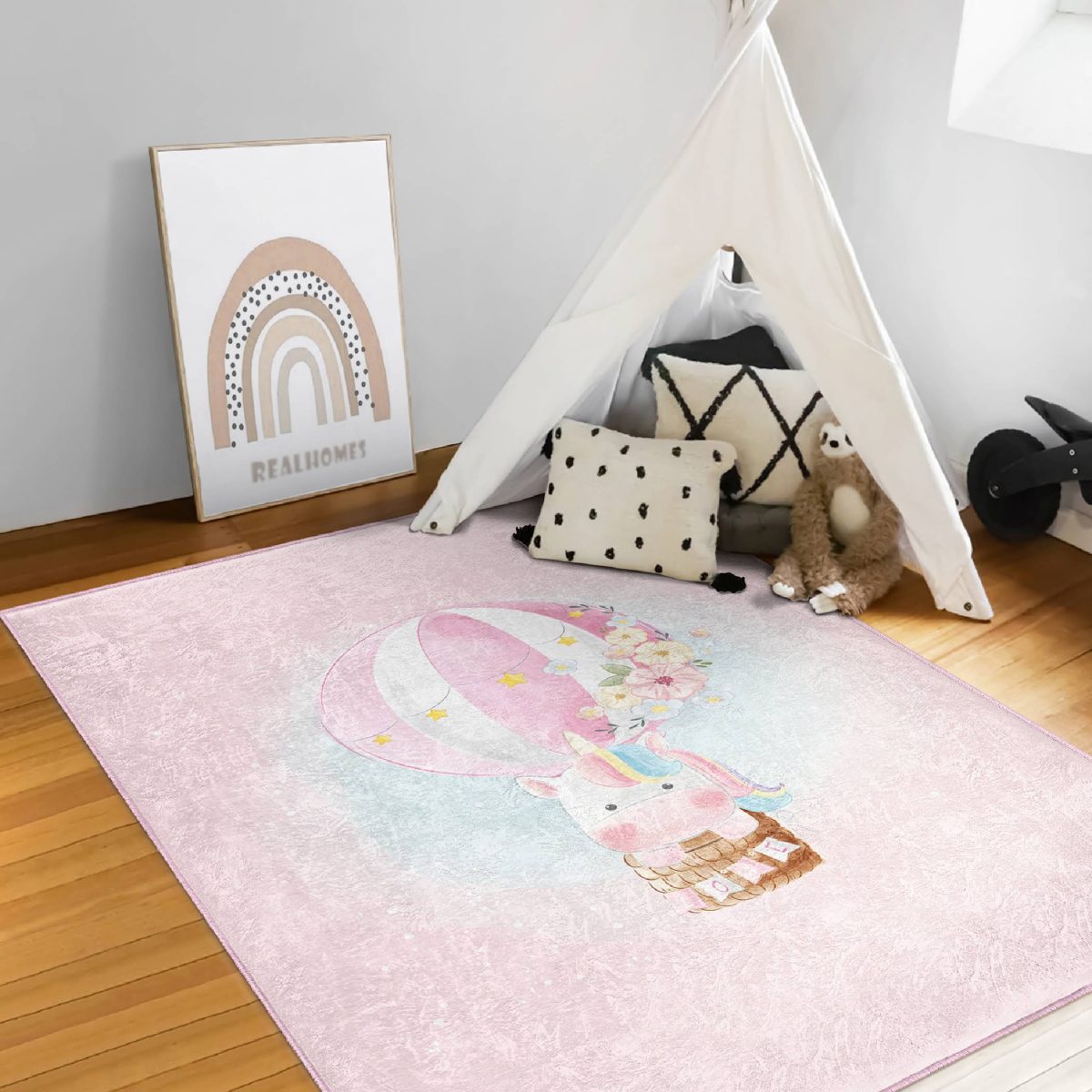 Uçan Balon Ve Unicorn Desenli Çocuk & Genç Odası Makinede Yıkanabilir Kaymaz Tabanlı Dikdörtgen Kolay Temizlenebilir Özel Ölçü Çocuk Halısı Realhomes