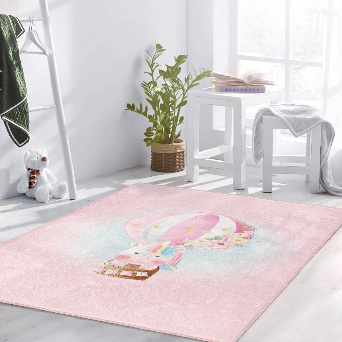 Uçan Balon Ve Unicorn Desenli Çocuk & Genç Odası Makinede Yıkanabilir Kaymaz Tabanlı Dikdörtgen Kolay Temizlenebilir Özel Ölçü Çocuk Halısı Realhomes