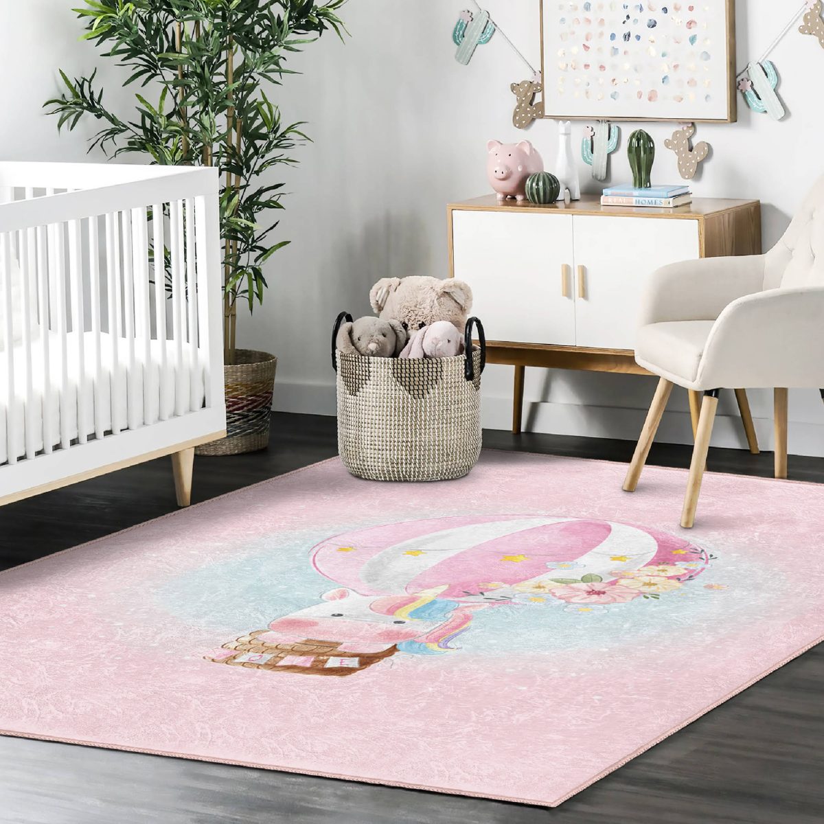 Uçan Balon Ve Unicorn Desenli Çocuk & Genç Odası Makinede Yıkanabilir Kaymaz Tabanlı Dikdörtgen Kolay Temizlenebilir Özel Ölçü Çocuk Halısı Realhomes