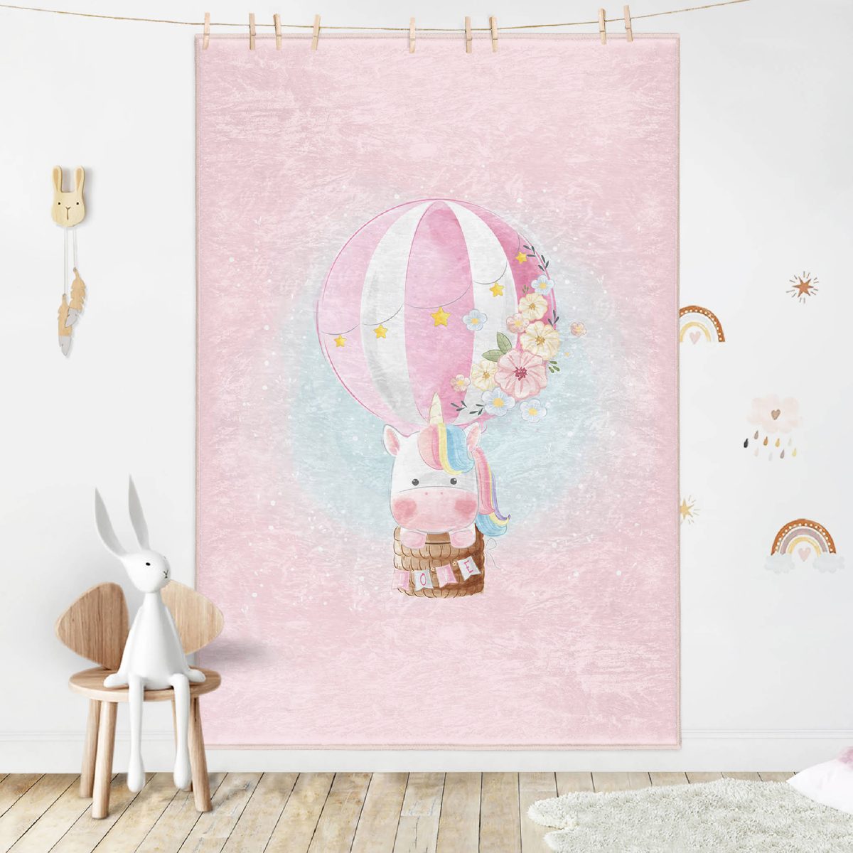 Uçan Balon Ve Unicorn Desenli Çocuk & Genç Odası Makinede Yıkanabilir Kaymaz Tabanlı Dikdörtgen Kolay Temizlenebilir Özel Ölçü Çocuk Halısı Realhomes