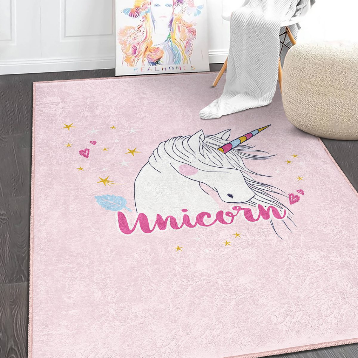 Pembe Zeminli Unicorn At Desenli Çocuk & Genç Odası Makinede Yıkanabilir Kaymaz Tabanlı Özel Ölçü Dikdörtgen Pamuk Tabanlı Çocuk Halısı Realhomes