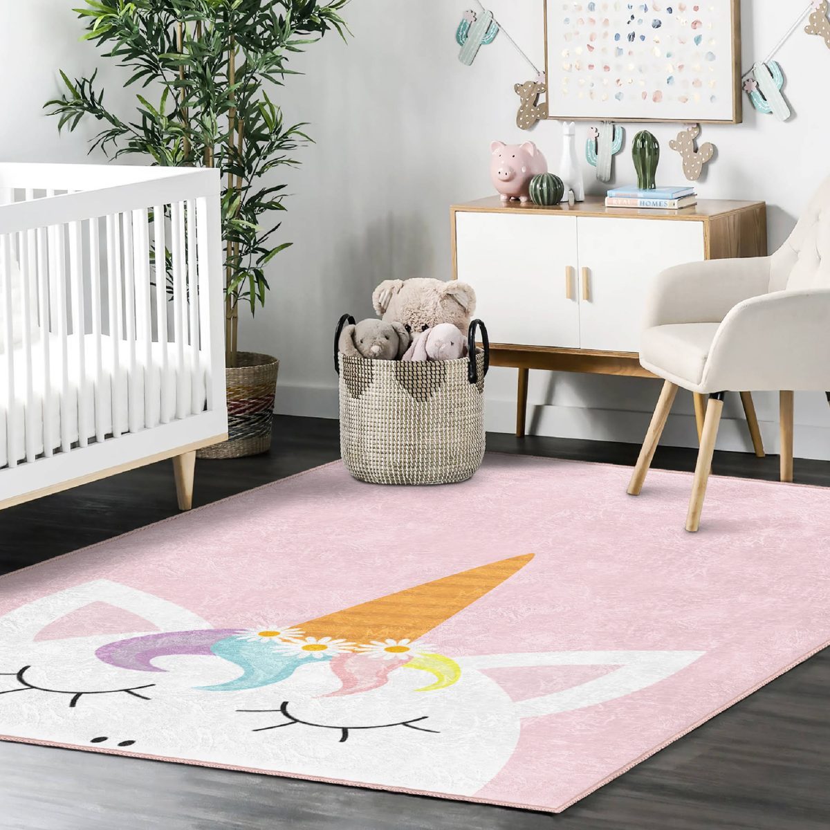 Pembe Zeminde Unicorn Desenli Tasarımlı Çocuk & Genç Odası Makinede Yıkanabilir Kaymaz Tabanlı Kolay Temizlenebilir Leke Tutmaz Dikdörtgen Çocuk Halısı Realhomes
