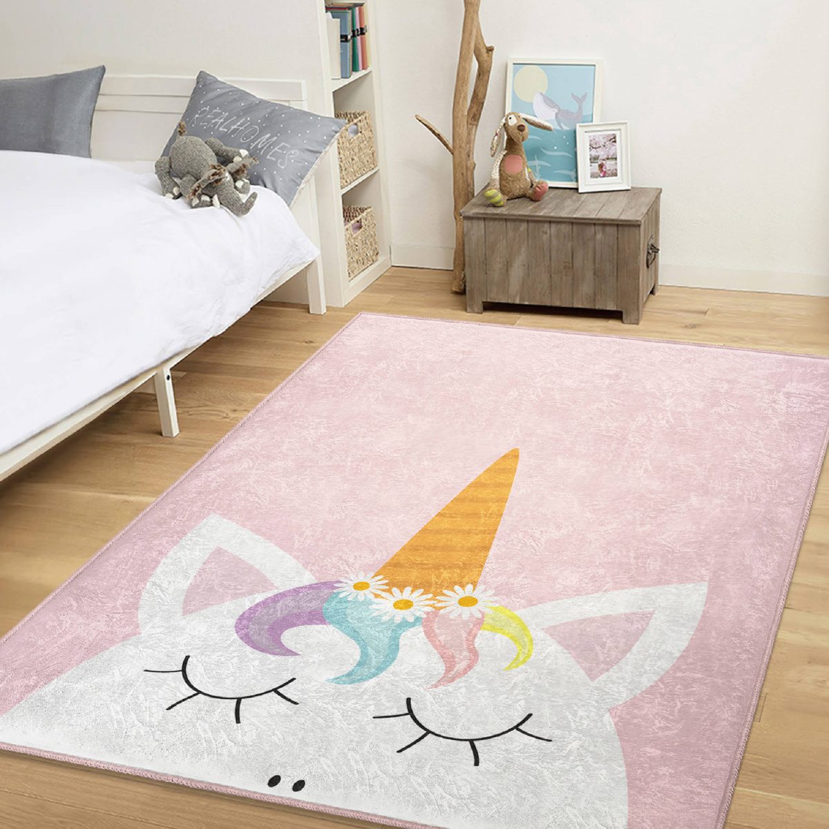 Pembe Zeminde Unicorn Desenli Tasarımlı Çocuk & Genç Odası Makinede Yıkanabilir Kaymaz Tabanlı Kolay Temizlenebilir Leke Tutmaz Dikdörtgen Çocuk Halısı Realhomes