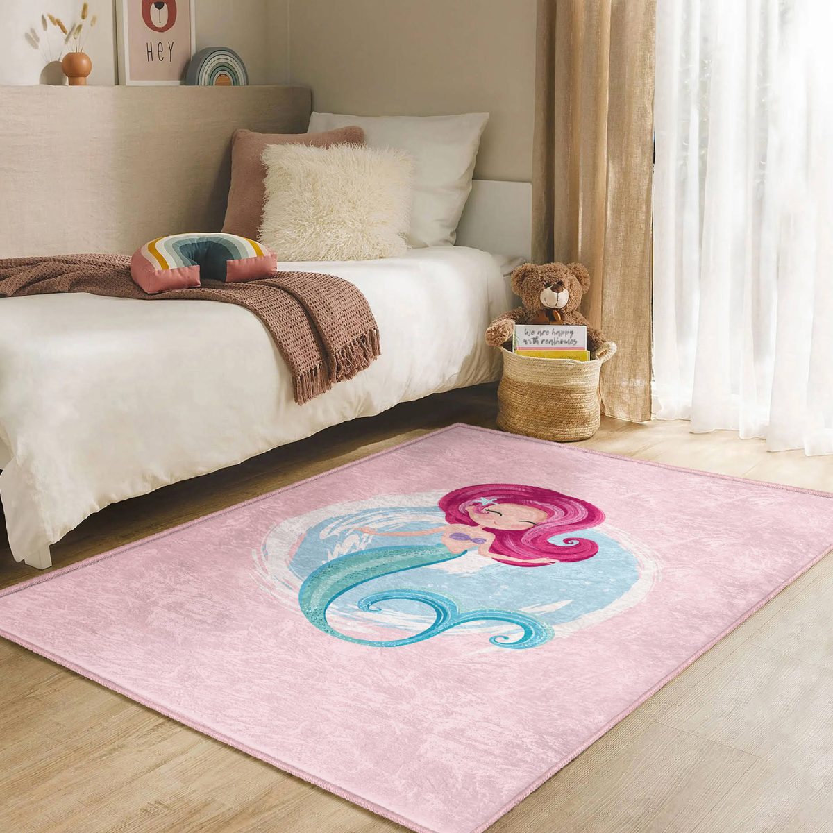Pembe Zeminde Denizkızı Desenli Çocuk & Genç Odası Makinede Yıkanabilir Kaymaz Tabanlı Özel Ölçü Dekoratif Dikdörtgen & Kare Çocuk Halısı Realhomes