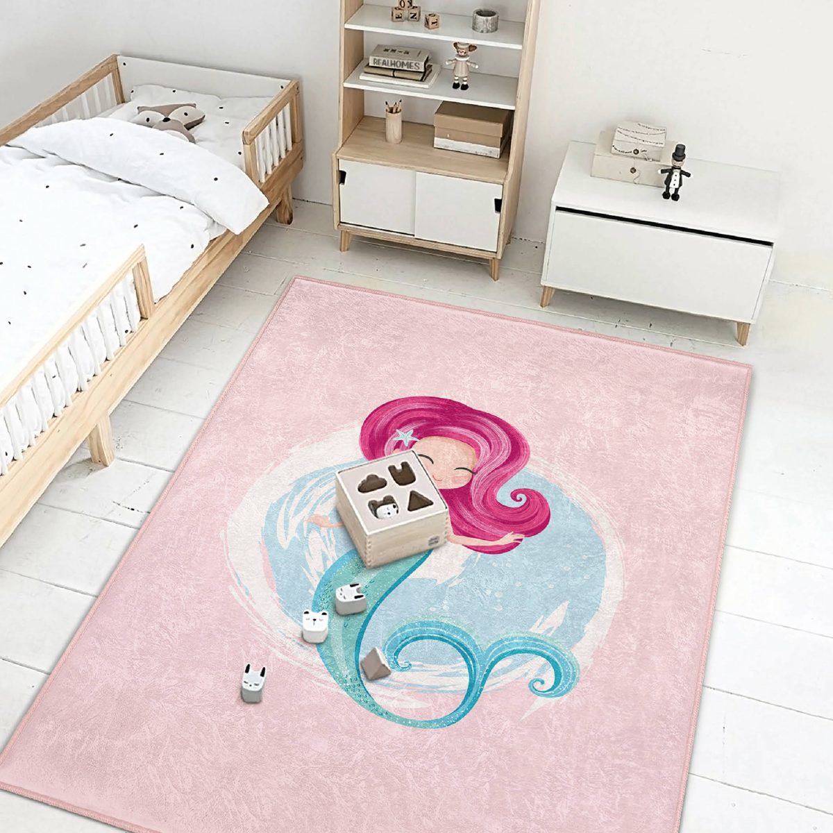 Pembe Zeminde Denizkızı Desenli Çocuk & Genç Odası Makinede Yıkanabilir Kaymaz Tabanlı Özel Ölçü Dekoratif Dikdörtgen & Kare Çocuk Halısı Realhomes