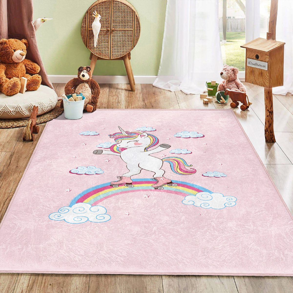 Pembe Zeminde Unicorn At Desenli Çocuk & Genç Odası Makinede Yıkanabilir Kaymaz Tabanlı Pamuk Tabanlı Özel Ölçü Leke Tutmaz Dikdörtgen Çocuk Halısı Realhomes