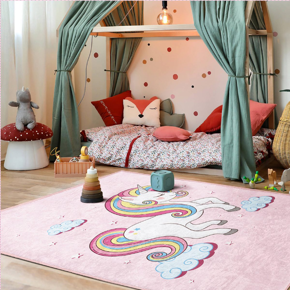 Pembe Zeminde Unicorn Motifli Çocuk & Genç Odası Makinede Yıkanabilir Kaymaz Tabanlı Pamuk Tabanlı Dikdörtgen Özel Ölçü Çocuk Halısı Realhomes