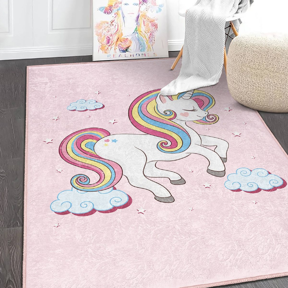 Pembe Zeminde Unicorn Motifli Çocuk & Genç Odası Makinede Yıkanabilir Kaymaz Tabanlı Pamuk Tabanlı Dikdörtgen Özel Ölçü Çocuk Halısı Realhomes
