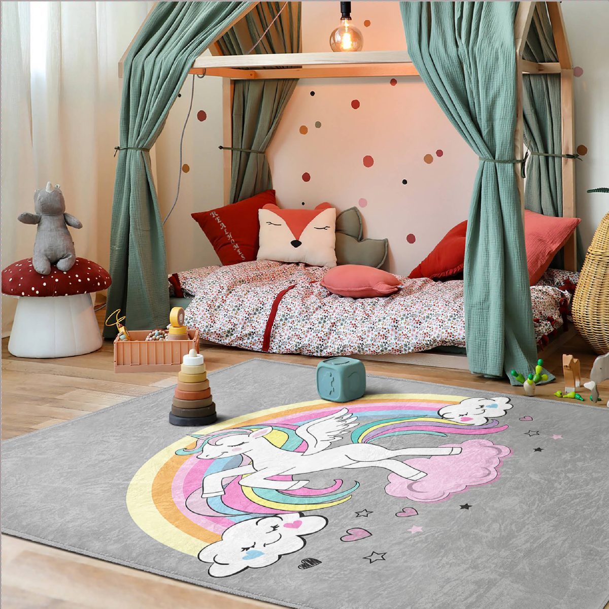Gri Zeminde Unicorn At Ve Kalpler Tasarımlı Çocuk & Genç Odası Makinede Yıkanabilir Kaymaz Tabanlı Dikdörtgen & Kare Dekoratif Özel Ölçü Çocuk Halısı Realhomes