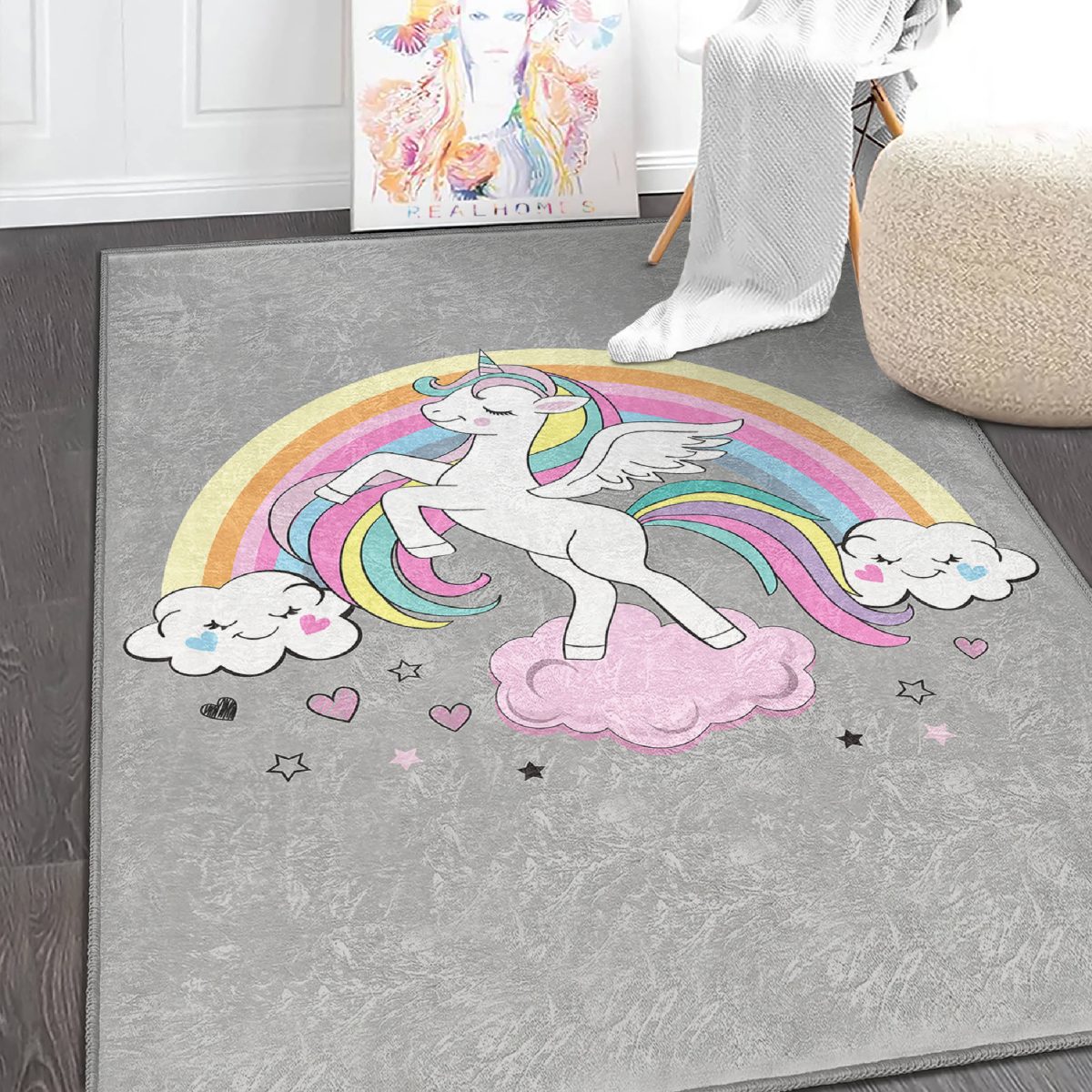 Gri Zeminde Unicorn At Ve Kalpler Tasarımlı Çocuk & Genç Odası Makinede Yıkanabilir Kaymaz Tabanlı Dikdörtgen & Kare Dekoratif Özel Ölçü Çocuk Halısı Realhomes
