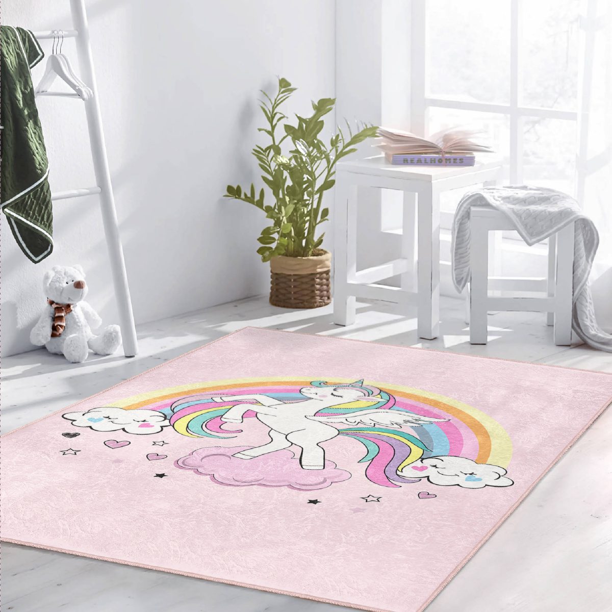 Pembe Zeminde Unicorn Desenli Çocuk & Genç Odası Makinede Yıkanabilir Kaymaz Tabanlı Dekoratif Pamuk Tabanlı Dikdörtgen Çocuk Halısı Realhomes