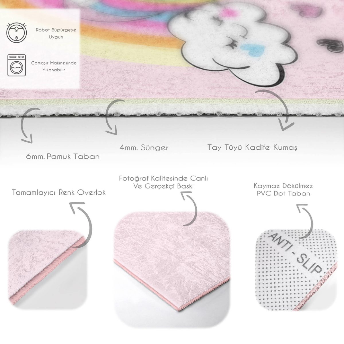 Pembe Zeminde Unicorn Desenli Çocuk & Genç Odası Makinede Yıkanabilir Kaymaz Tabanlı Dekoratif Pamuk Tabanlı Dikdörtgen Çocuk Halısı Realhomes