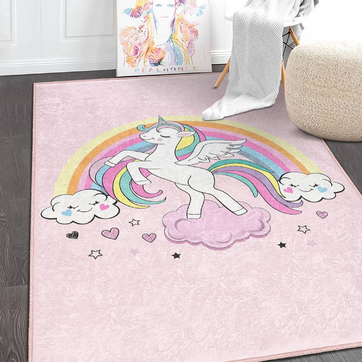 Pembe Zeminde Unicorn Desenli Çocuk & Genç Odası Makinede Yıkanabilir Kaymaz Tabanlı Dekoratif Pamuk Tabanlı Dikdörtgen Çocuk Halısı Realhomes