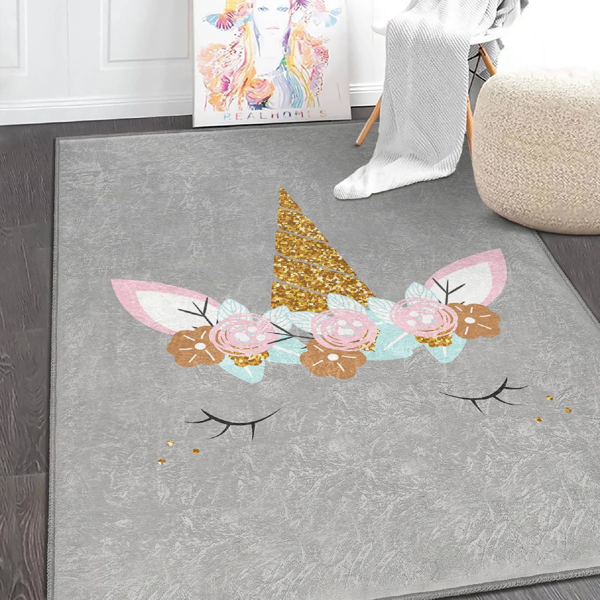 Gri Zeminde Magic Unicorn Tasarımlı Çocuk & Genç Odası Makinede Yıkanabilir Kaymaz Tabanlı Dekoratif Pamuk Tabanlı Dikdörtgen & Kare Çocuk Odası Halısı Realhomes