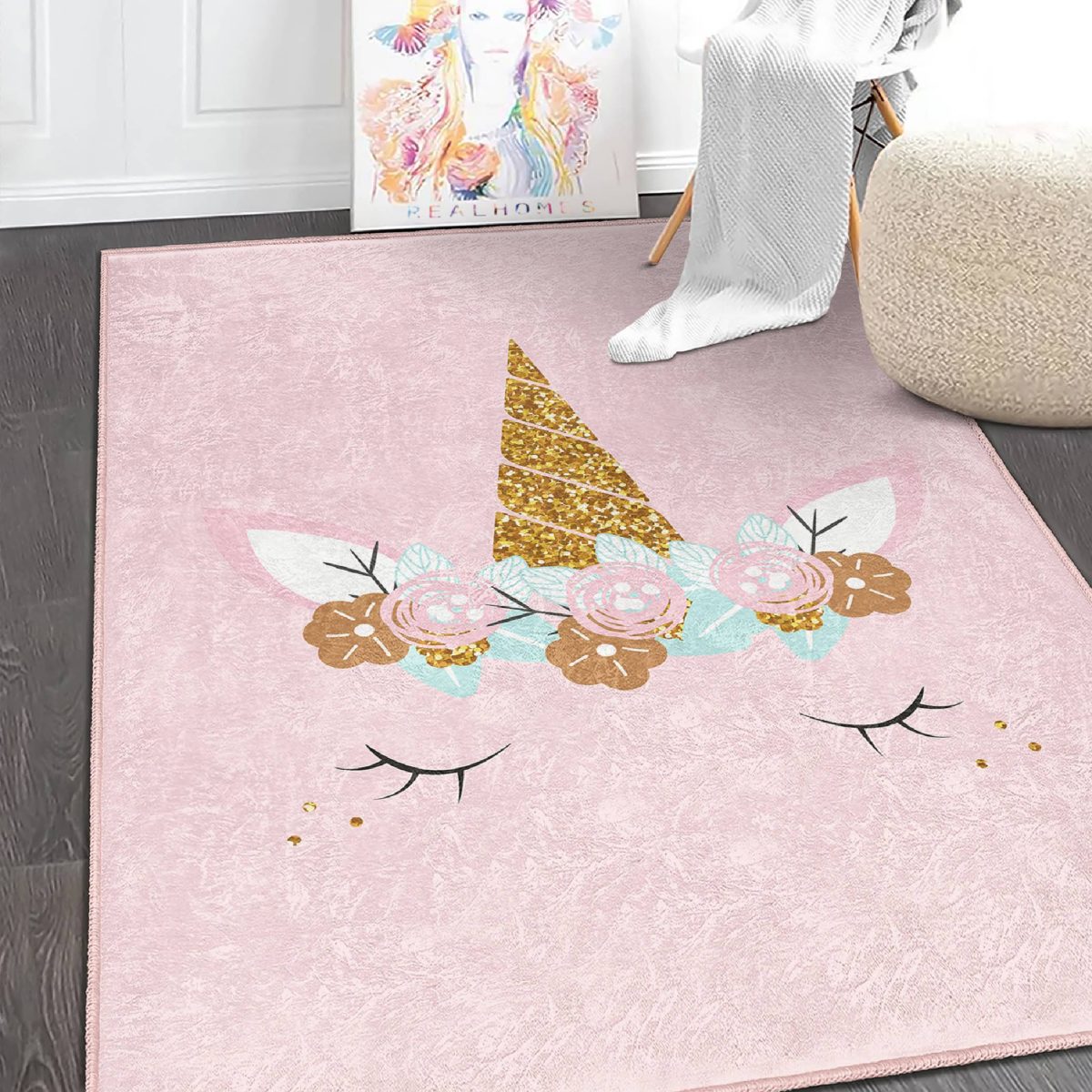 Pembe Zeminde Magic Unicorn Tasarımlı Çocuk & Genç Odası Makinede Yıkanabilir Kaymaz Tabanlı Özel Ölçü Dekoratif Dikdörtgen & Kare Çocuk Halısı Realhomes