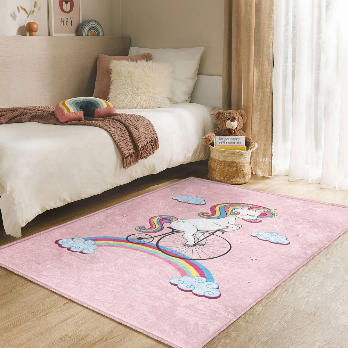 Bisiklete Binmiş Unicorn Desenli Çocuk & Genç Odası Makinede Yıkanabilir Kaymaz Tabanlı Kolay Temizlenebilir Leke Tutmaz Dikdörtgen Çocuk Halısı Realhomes