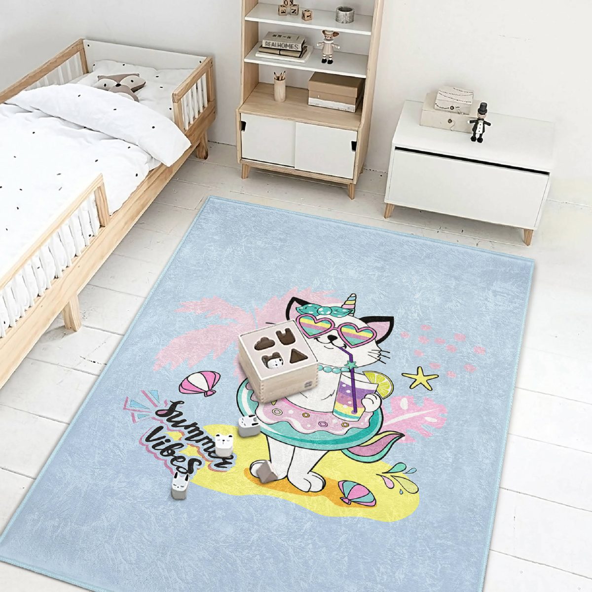 Yaz Temalı Unicorn Kedi Tasarımlı Çocuk & Genç Odası Makinede Yıkanabilir Kaymaz Tabanlı Kolay Temizlenebilir Leke Tutmaz Dikdörtgen Çocuk Odası Halısı Realhomes