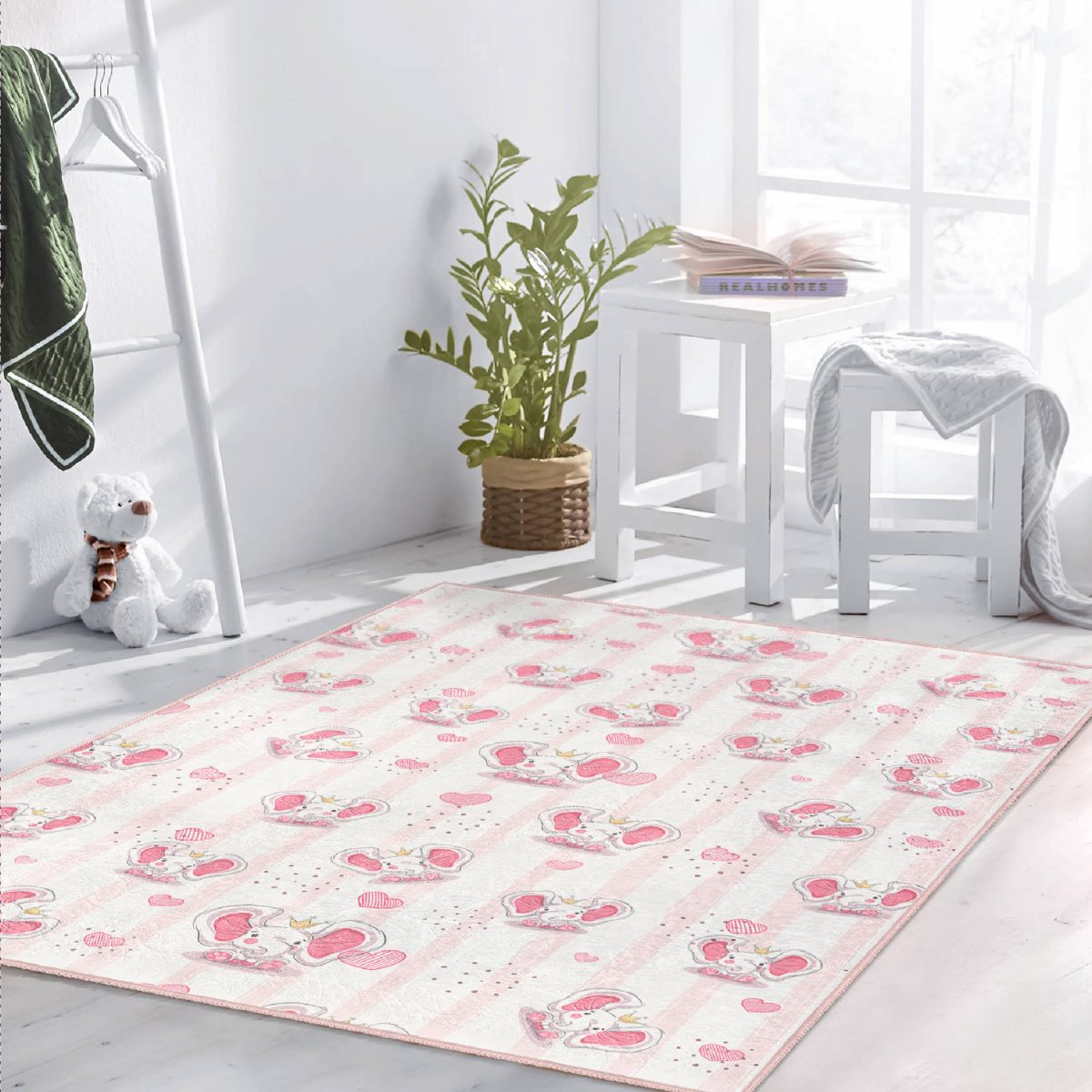 Pembe Sevimli Fil Temalı Çocuk & Genç Odası Makinede Yıkanabilir Kaymaz Tabanlı Dikdörtgen & Kare Dekoratif Özel Ölçü Çocuk Odası Halısı Realhomes