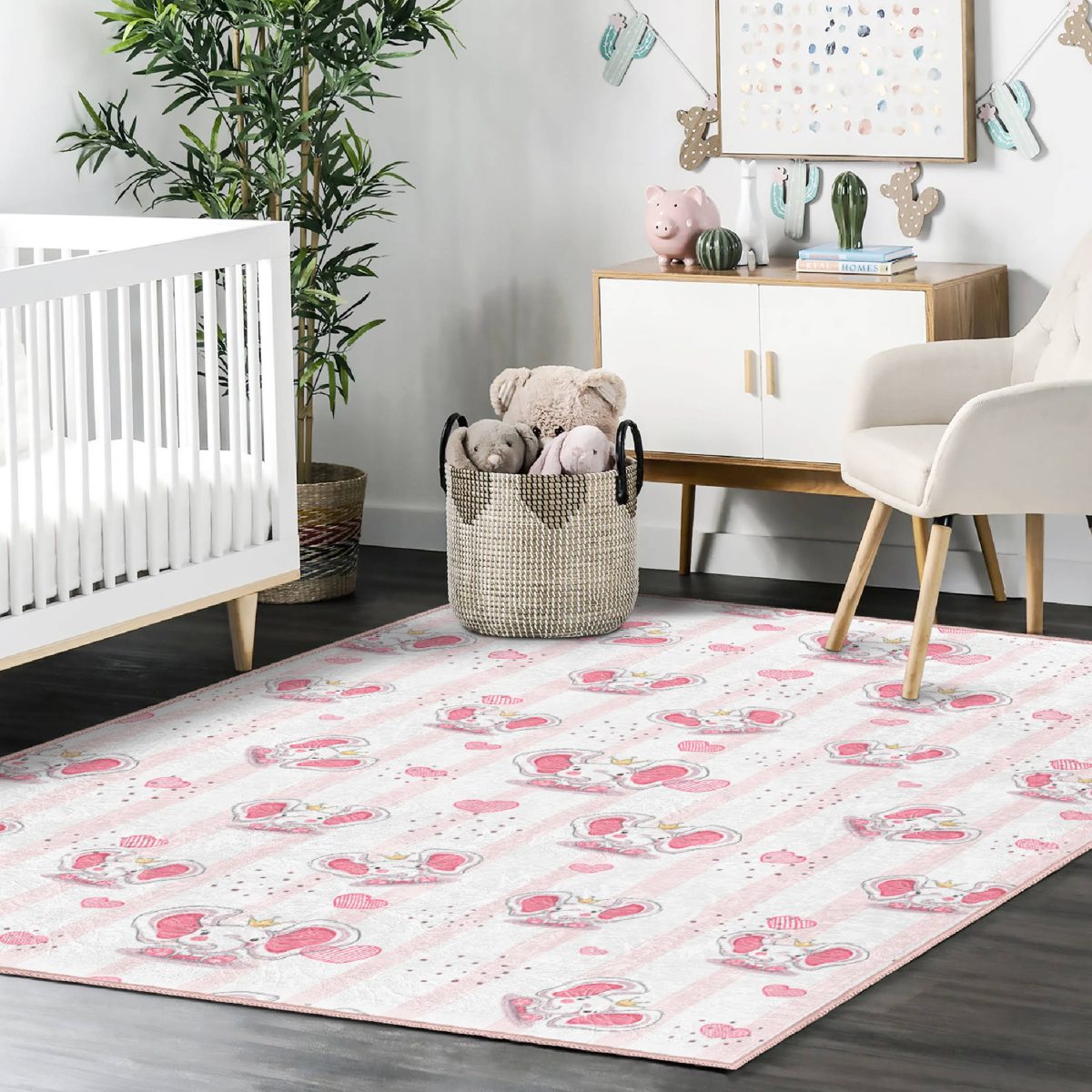 Pembe Sevimli Fil Temalı Çocuk & Genç Odası Makinede Yıkanabilir Kaymaz Tabanlı Dikdörtgen & Kare Dekoratif Özel Ölçü Çocuk Odası Halısı Realhomes