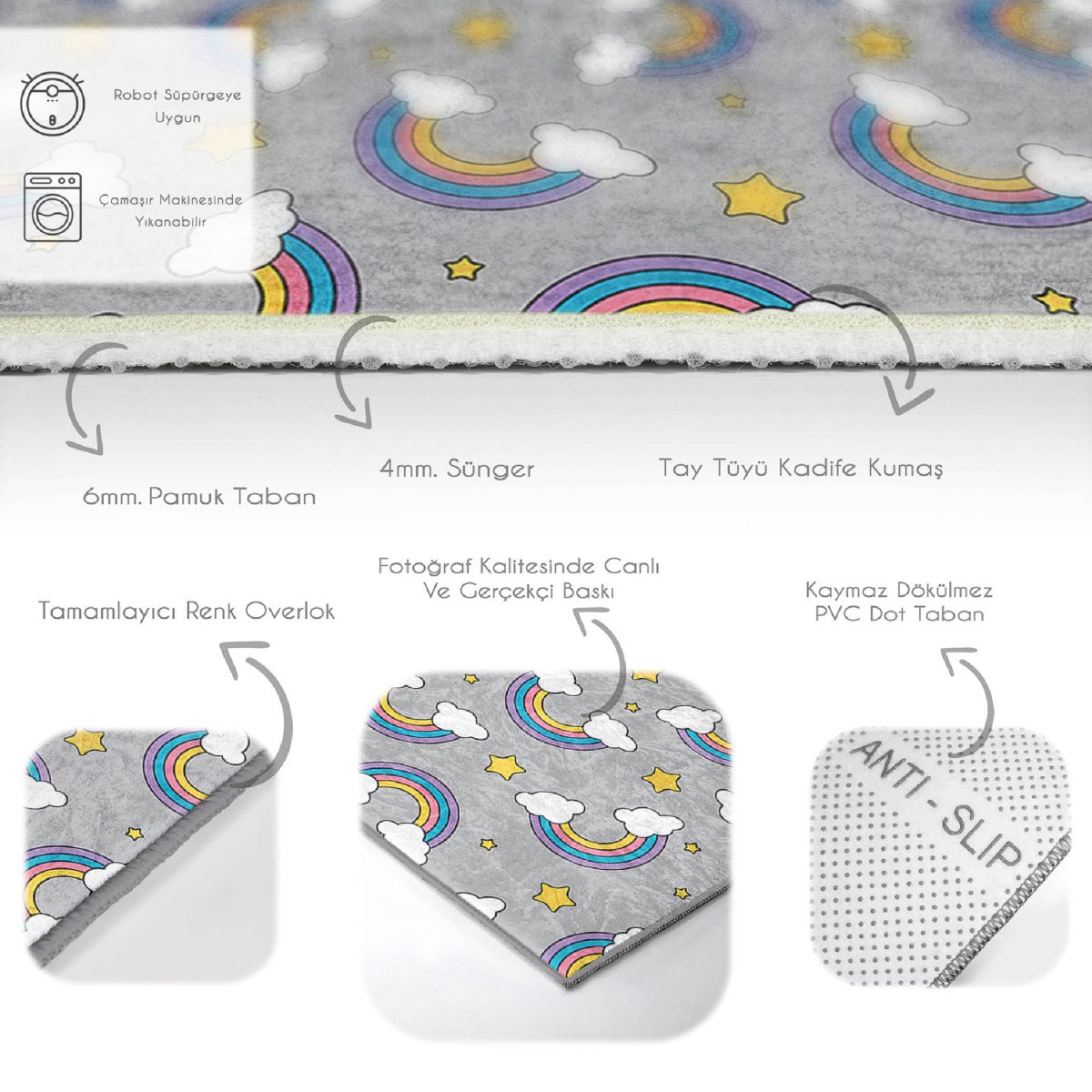Gri Zeminde Gökkuşağı Çocuk & Genç Odası Makinede Yıkanabilir Kaymaz Tabanlı Pamuk Tabanlı Özel Ölçü Leke Tutmaz Dikdörtgen Çocuk Halısı Realhomes