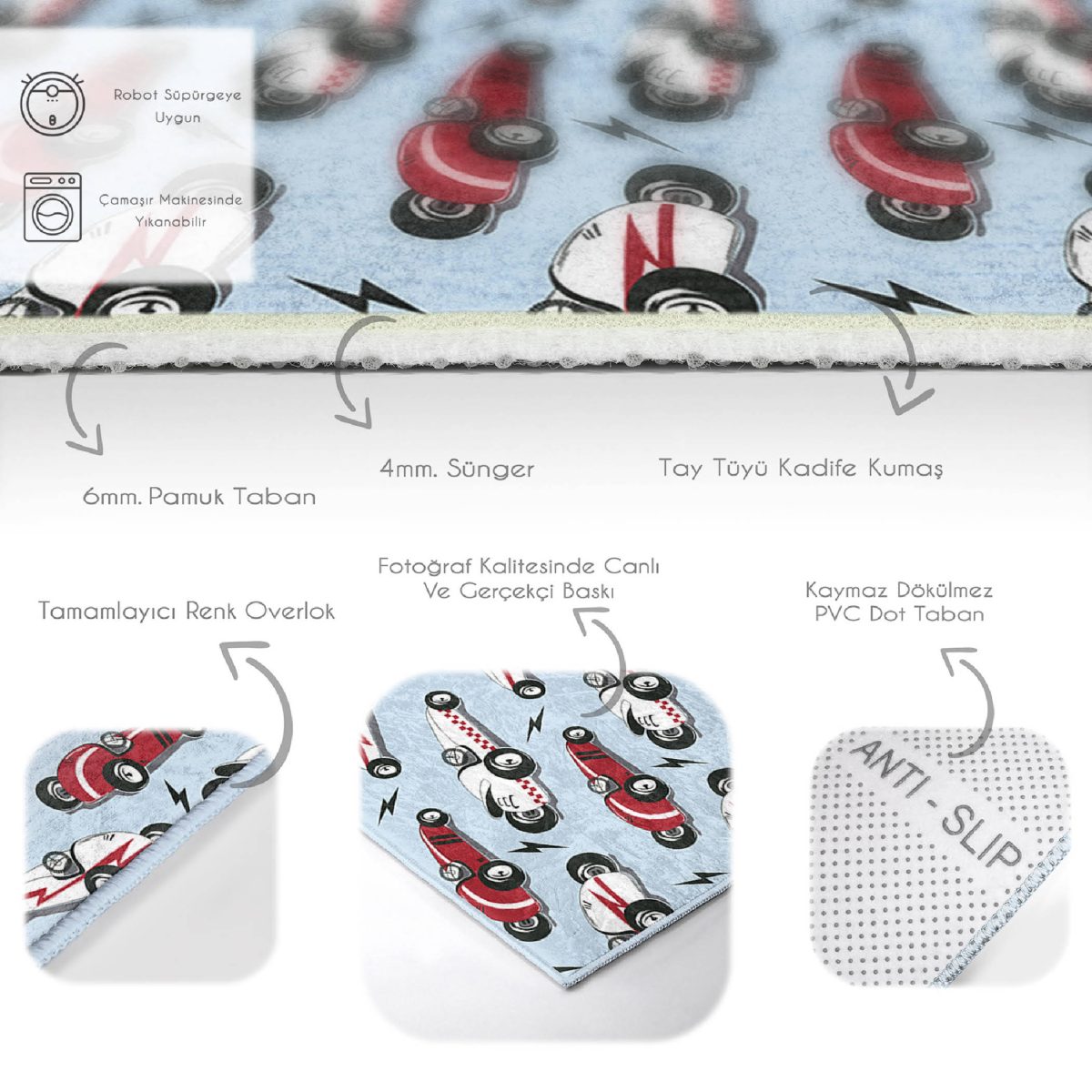 Mavi Zeminde Yarış Arabalı Çocuk & Genç Odası Makinede Yıkanabilir Kaymaz Tabanlı Pamuk Tabanlı Dikdörtgen Özel Ölçü Çocuk Halısı Realhomes