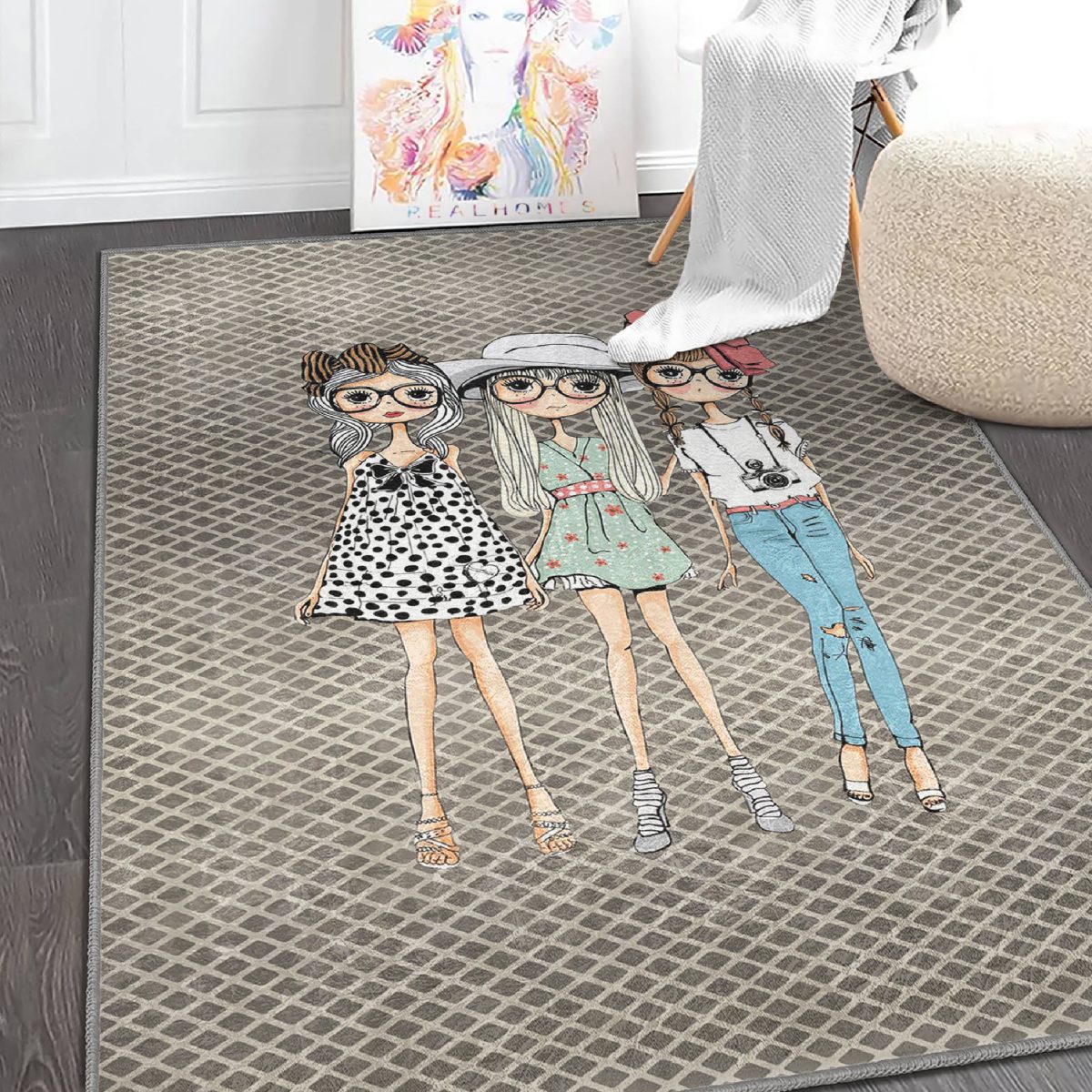 Fashion Girls Çocuk & Genç Odası Makinede Yıkanabilir Kaymaz Tabanlı Pamuk Tabanlı Özel Ölçü Leke Tutmaz Dikdörtgen Çocuk Halısı Realhomes