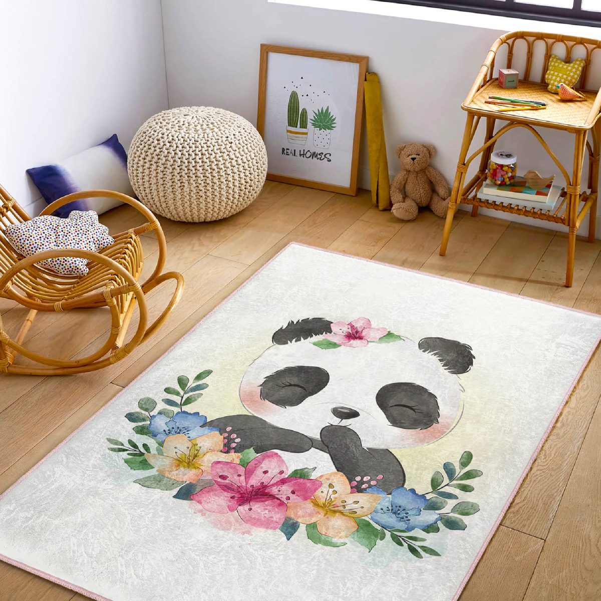 Sevimli Bebek Panda Çocuk & Genç Odası Makinede Yıkanabilir Kaymaz Tabanlı Özel Ölçü Dikdörtgen Pamuk Tabanlı Çocuk Halısı Realhomes