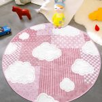 Pembe Temalı Bulut Tasarımlı Çocuk & Genç Odası Makinede Yıkanabilir Kaymaz Tabanlı Yuvarlak Çocuk Halısı Realhomes