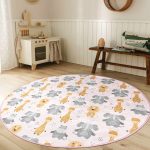 - RealHomes Dijital Baskılı Kaymaz Tabanlı Comfort Çocuk Odası Yuvarlak Halı - Realhomes  Sevimli Zürafa Su Aygırı Ve Fil Motifli Çocuk & Genç Odası Makinede Yıkanabilir Kaymaz Tabanlı Yuvarlak Çocuk Halısı Realhomes