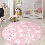 - RealHomes Dijital Baskılı Kaymaz Tabanlı Comfort Çocuk Odası Yuvarlak Halı - Realhomes  Pembe Zeminde Koyun Motifli Çocuk & Genç Odası Makinede Yıkanabilir Kaymaz Tabanlı Yuvarlak Çocuk Halısı Realhomes